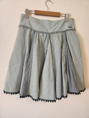 DEPT Mixed Print Skirt Gingham & Striped Pom Pom Trim Size S EUC Nautical
